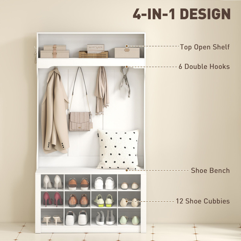 4-In-1 Hall Tree with Bench and Shoe Storage, Farmhouse Coat Rack Shoe Bench with 12 Shoe Cubbies, 6 Hooks, White