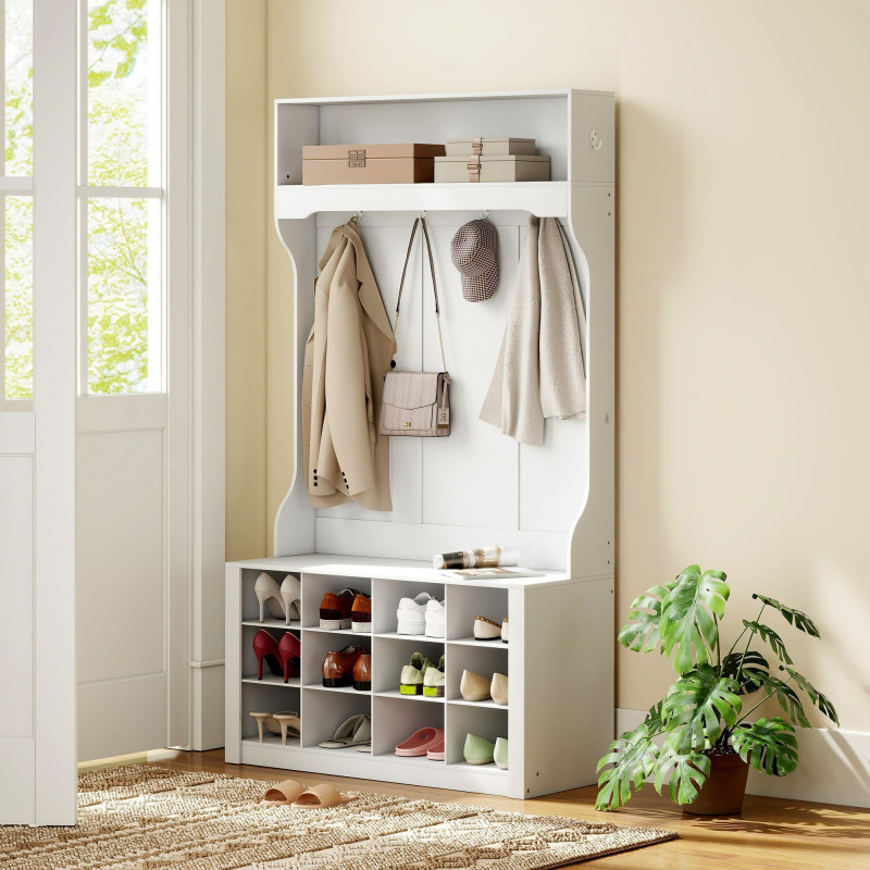 4-In-1 Hall Tree with Bench and Shoe Storage, Farmhouse Coat Rack Shoe Bench with 12 Shoe Cubbies, 6 Hooks, White