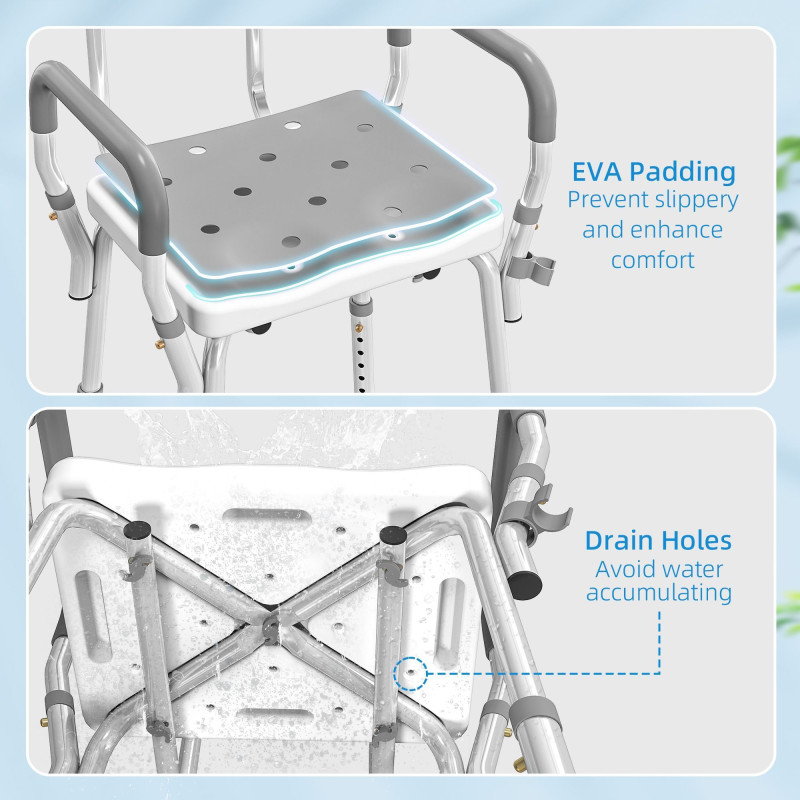 Adjustable Shower Chair with Arms Back and Padded Seat, Light Grey