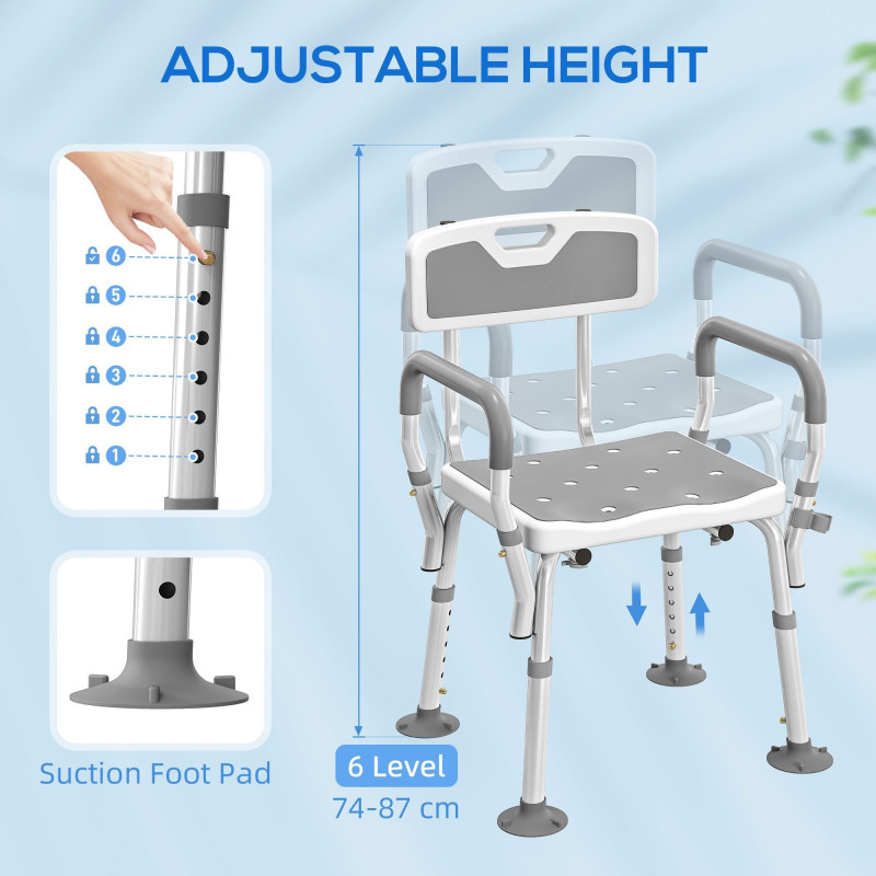 Adjustable Shower Chair with Arms Back and Padded Seat, Light Grey
