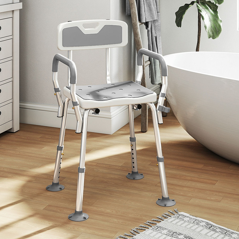 Adjustable Shower Chair with Arms Back and Padded Seat, Light Grey