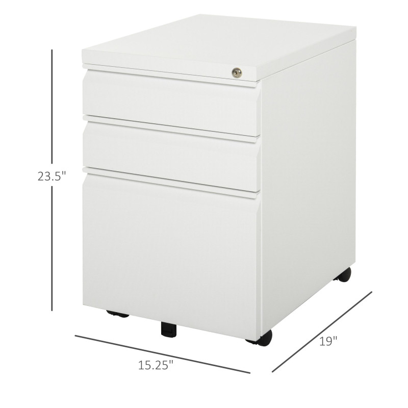 3 Drawer Filing Cabinet, Lockable Office Storage Cabinet on Wheels for Legal, Letter, A4 Files, White