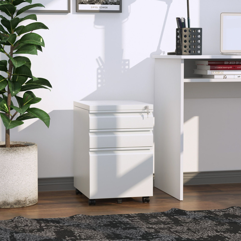 3 Drawer Filing Cabinet, Lockable Office Storage Cabinet on Wheels for Legal, Letter, A4 Files, White
