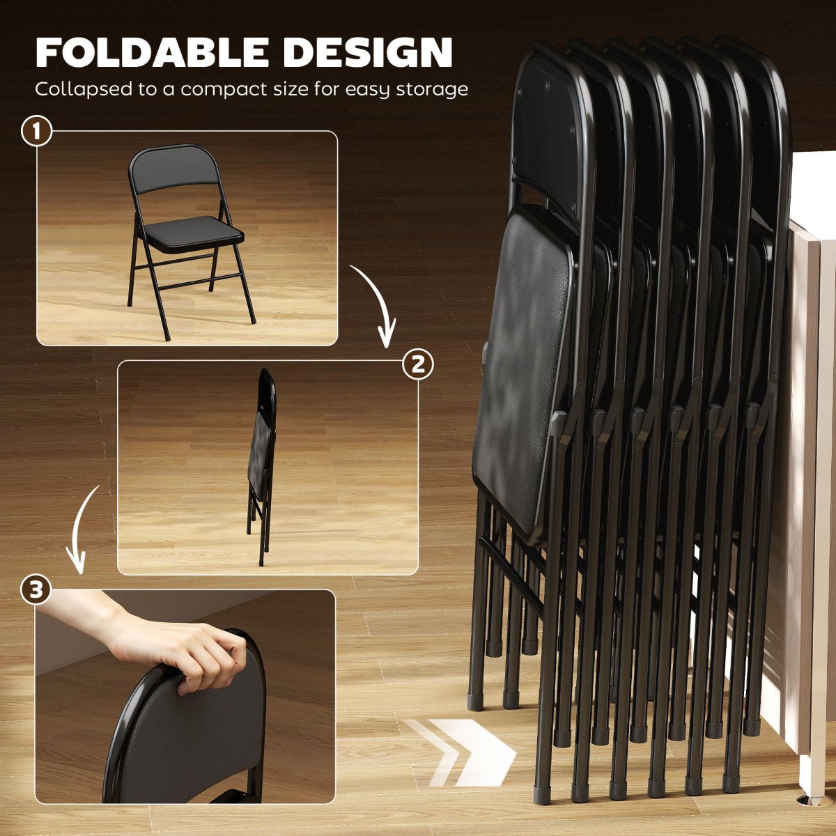 Set of 6 Metal Foldable Chairs, PU Leather Padded Folding Chairs with Cushion Seat and Open Back for Indoor, Black