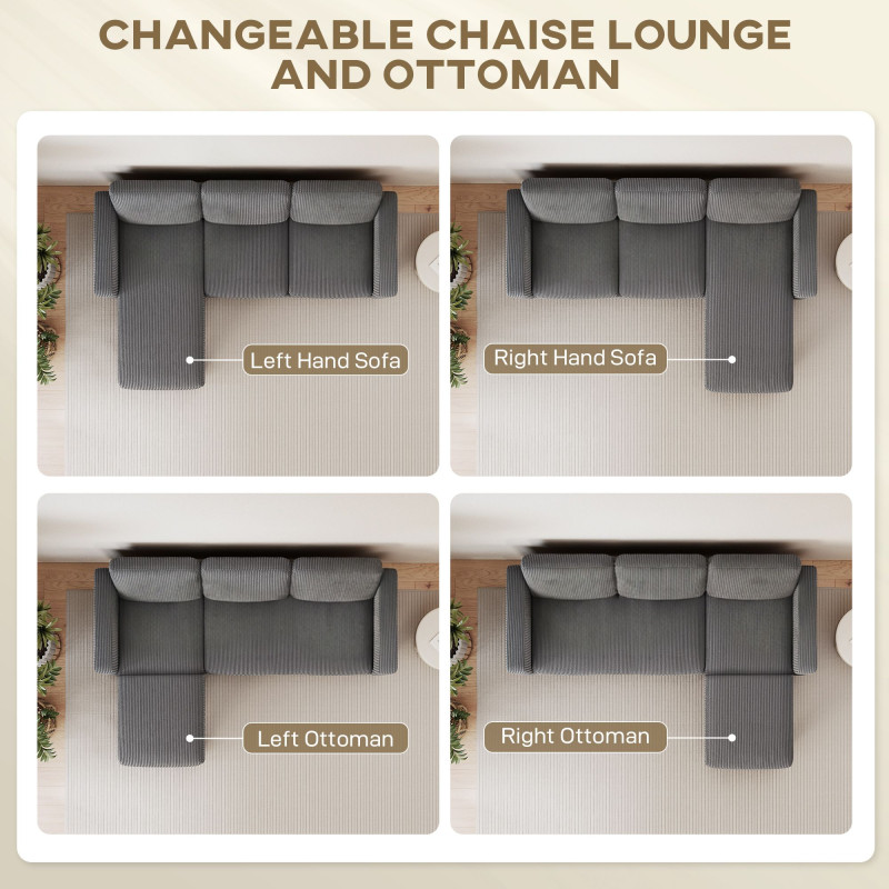 Sectional Sofa, L Shaped Couch, with Changeable Chaise or Ottoman, Dark Grey
