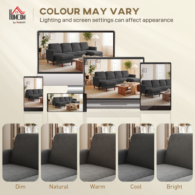 Sectional Sofa, Corduroy U Shaped Couch with Double Chaise and Spring Cushions, 2200lb Capacity, Dark Grey