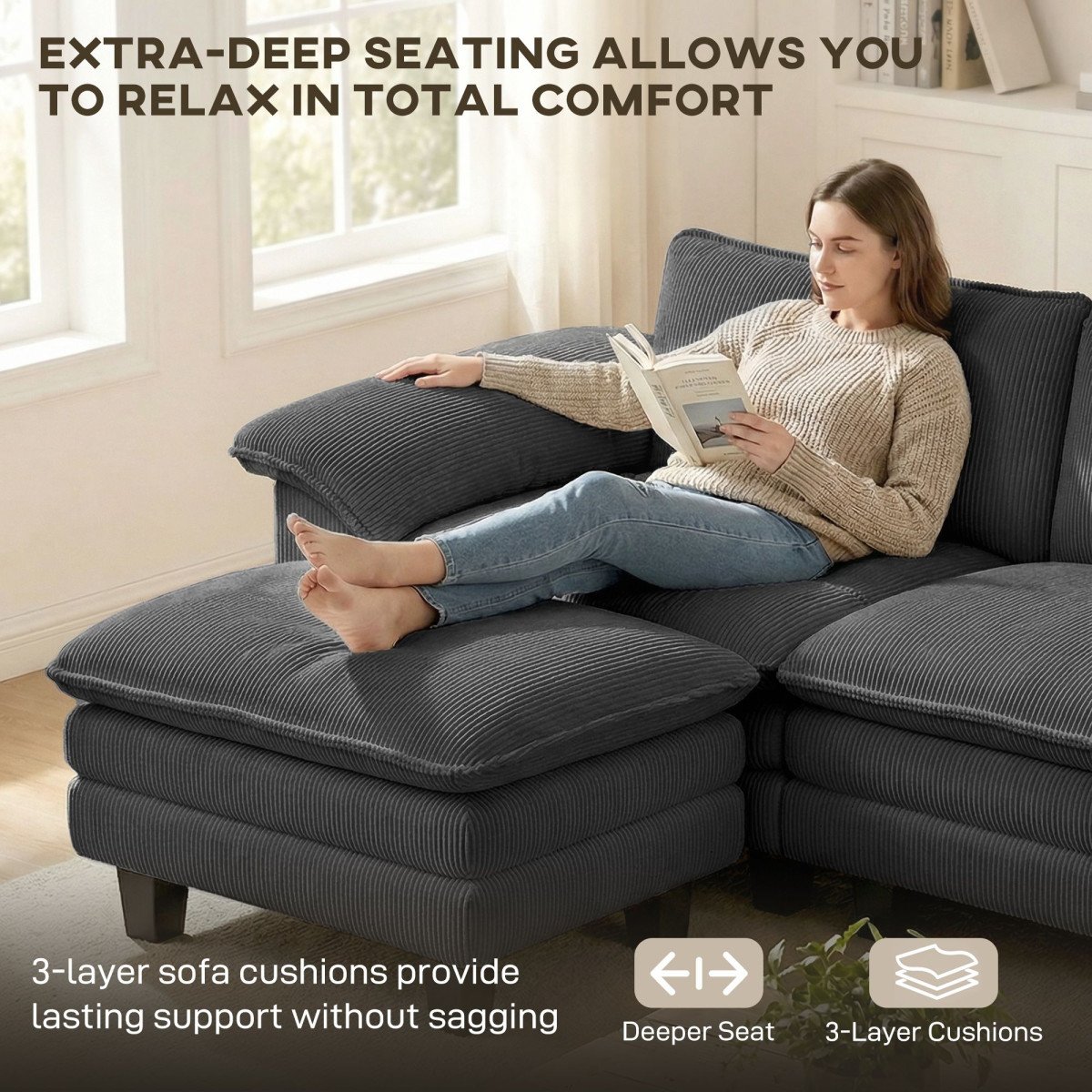 Sectional Sofa, L Shaped Couch with Deep Seat, Movable Ottoman and Pillow-top Armrests, Dark Grey