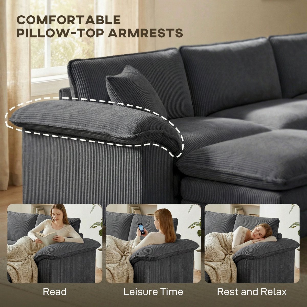 Sectional Sofa, L Shaped Couch with Deep Seat, Movable Ottoman and Pillow-top Armrests, Dark Grey