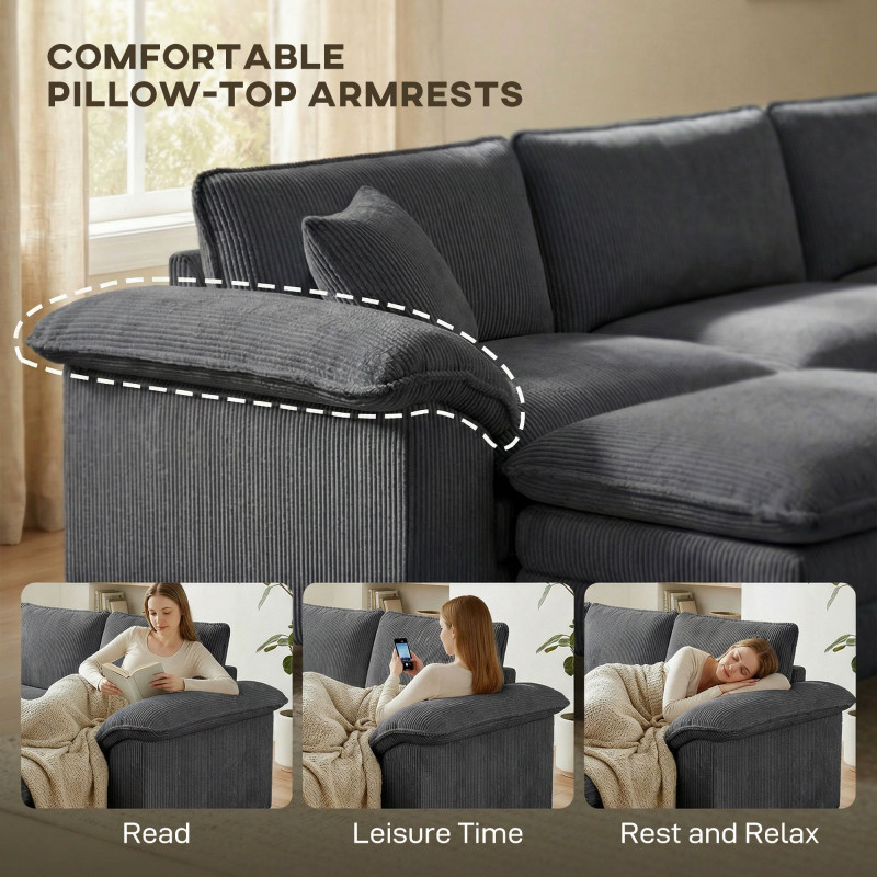 Sectional Sofa, L Shaped Couch with Deep Seat, Movable Ottoman and Pillow-top Armrests, Dark Grey