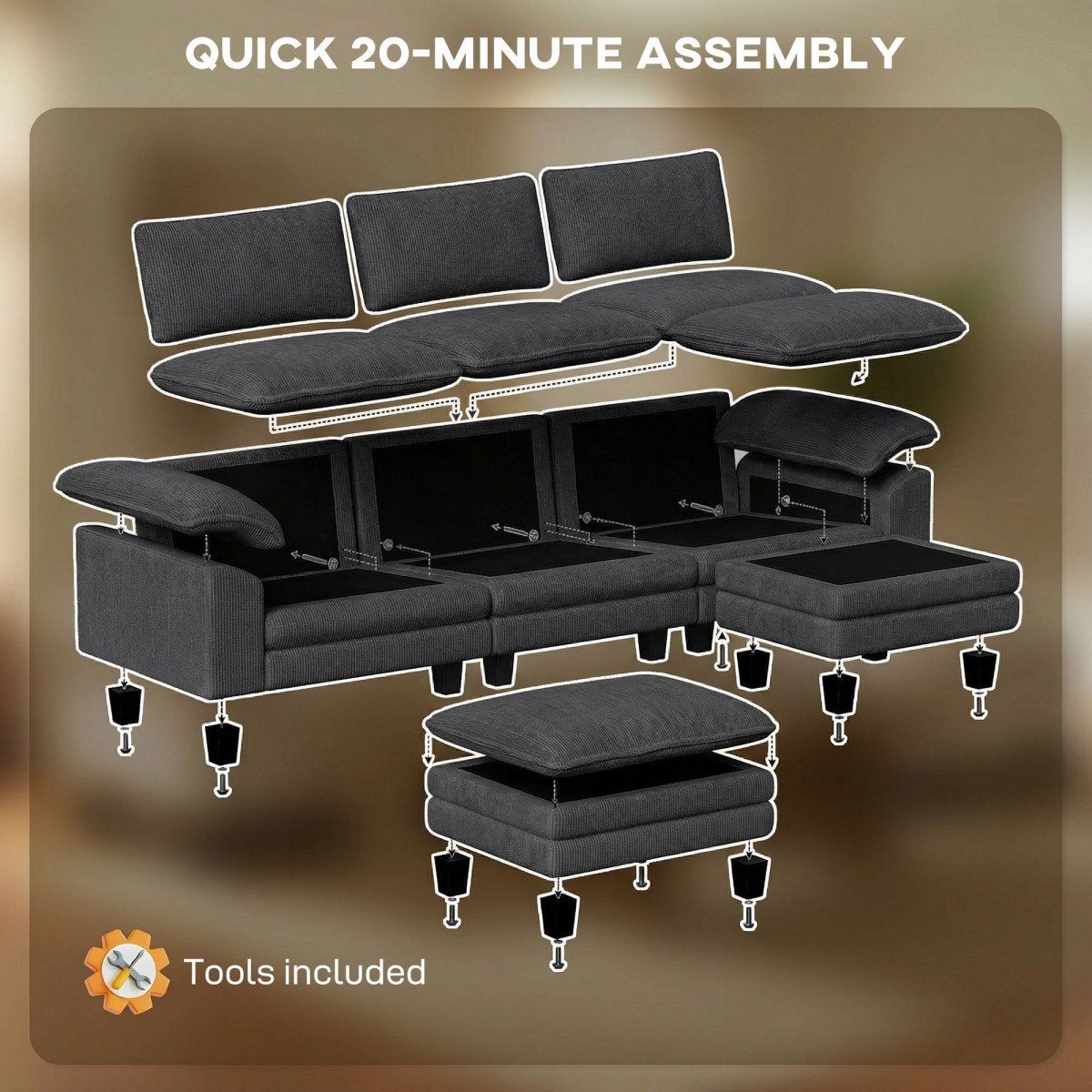 Sectional Sofa, L Shaped Couch with Deep Seat, Movable Ottoman and Pillow-top Armrests, Dark Grey
