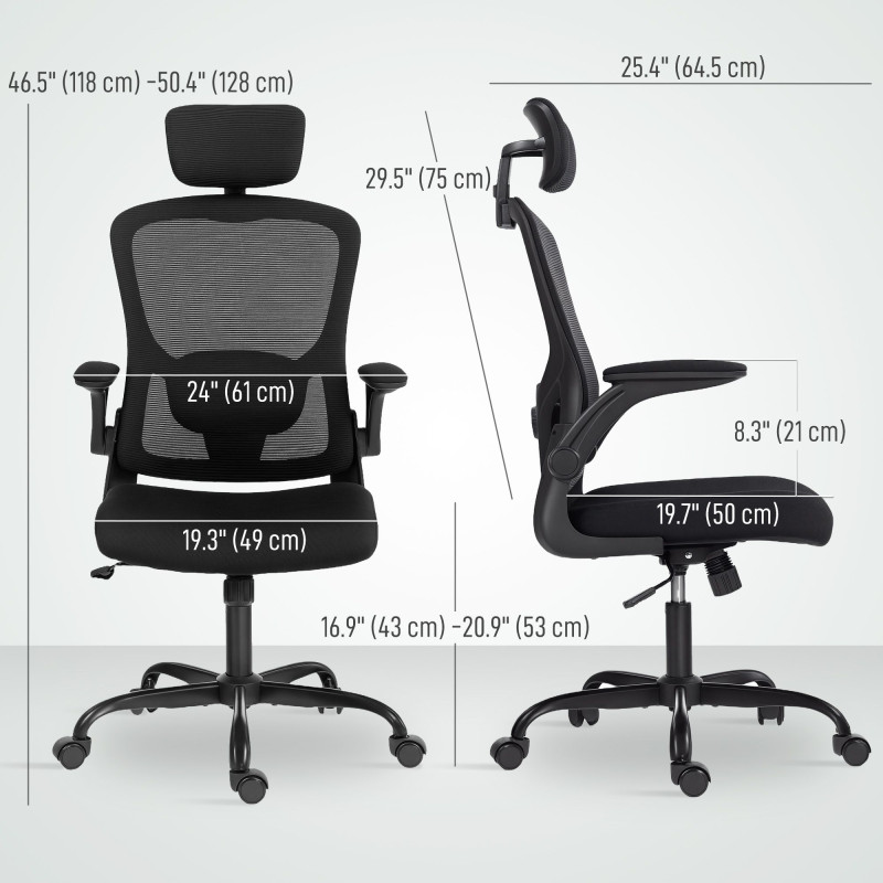Ergonomic Office Chair, Mesh Desk Chair with Adjustable Headrest, Lumbar Support and Height, Flip-Up Armrests, Black