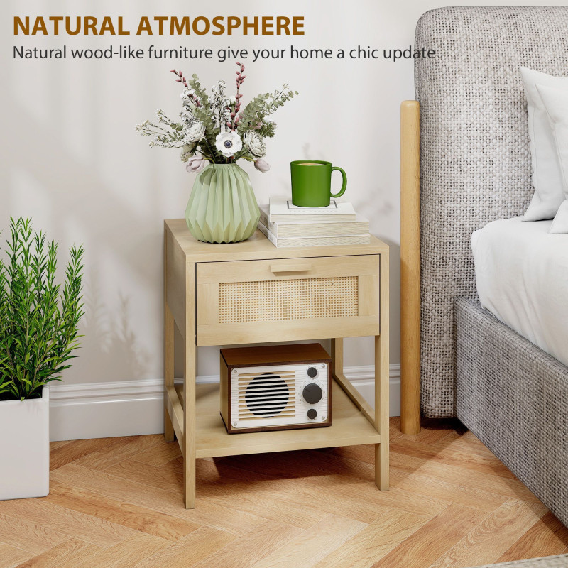 Narrow Nightstand with Rattan Elements, Bedside Table with Drawer and Storage Shelf for Bedroom, Set of 2, Natural Wood