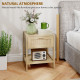 Narrow Nightstand with Rattan Elements, Bedside Table with Drawer and Storage Shelf for Bedroom, Set of 2, Natural Wood