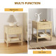 Narrow Nightstand with Rattan Elements, Bedside Table with Drawer and Storage Shelf for Bedroom, Set of 2, Natural Wood