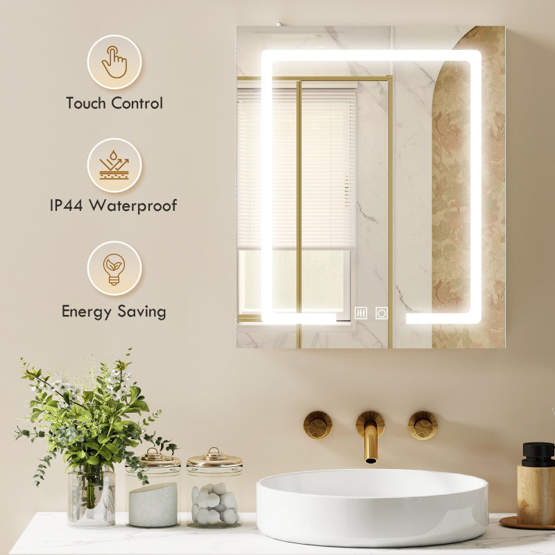 Bathroom Medicine Cabinet with Lights, Wall Mounted Mirror Cabinet with Demister Pad, Adjustable Shelves, White