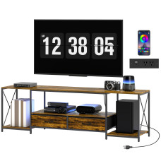 Industrial TV Stand for up to 60 Inch TV, TV Console with Charging Station and RGB LED Lights, Rustic Brown