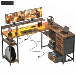 Gaming Desk with Power Outlets LED Lights Computer Desk with Drawers Monitor Stand 61