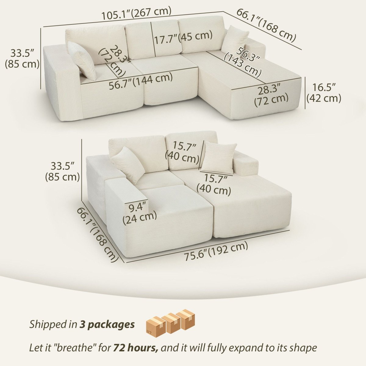 2-in-1 Modular Sectional Sofa, Boneless L Shaped Couch Sofa Bed, Cream White
