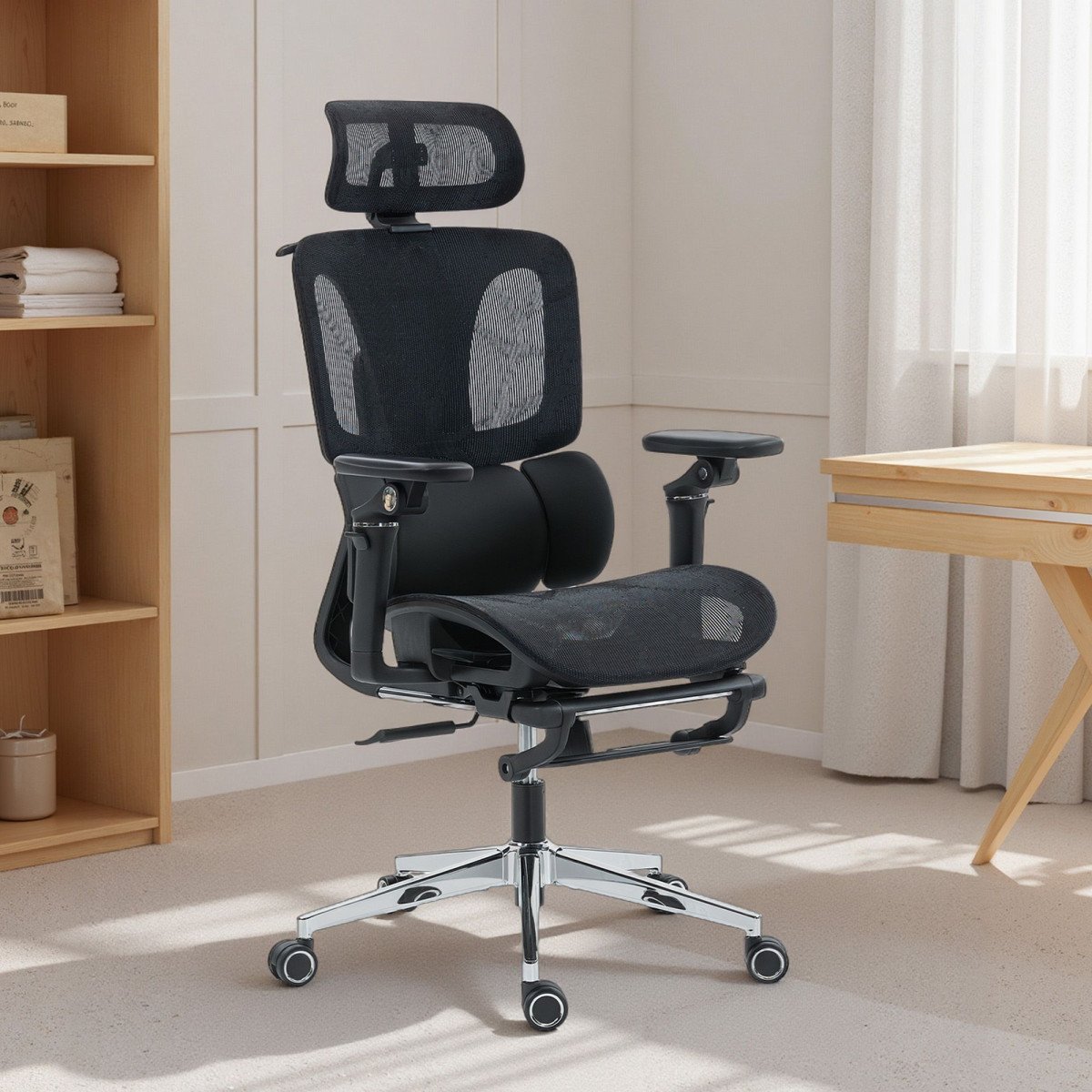 Ergonomic Office Chair, Mesh Computer Chair with High Back, Lumbar Support, 6D Armrests, Headrest, Footrest, Black