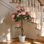 3FT Artificial Plant Pink Rose Floral in Pot, Fake Plant for Home Indoor Decor