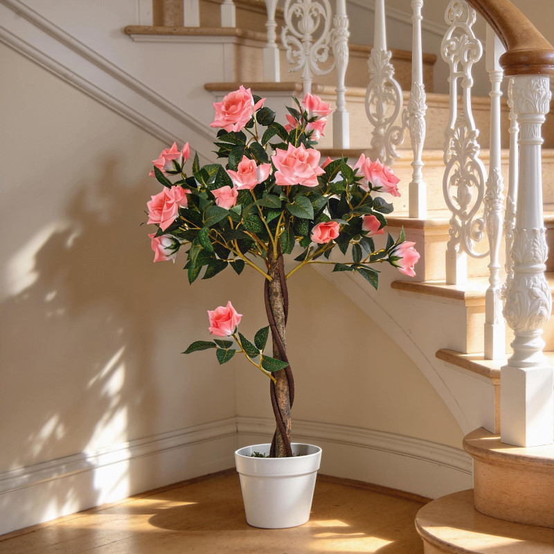 3FT Artificial Plant Pink Rose Floral in Pot, Fake Plant for Home Indoor Decor