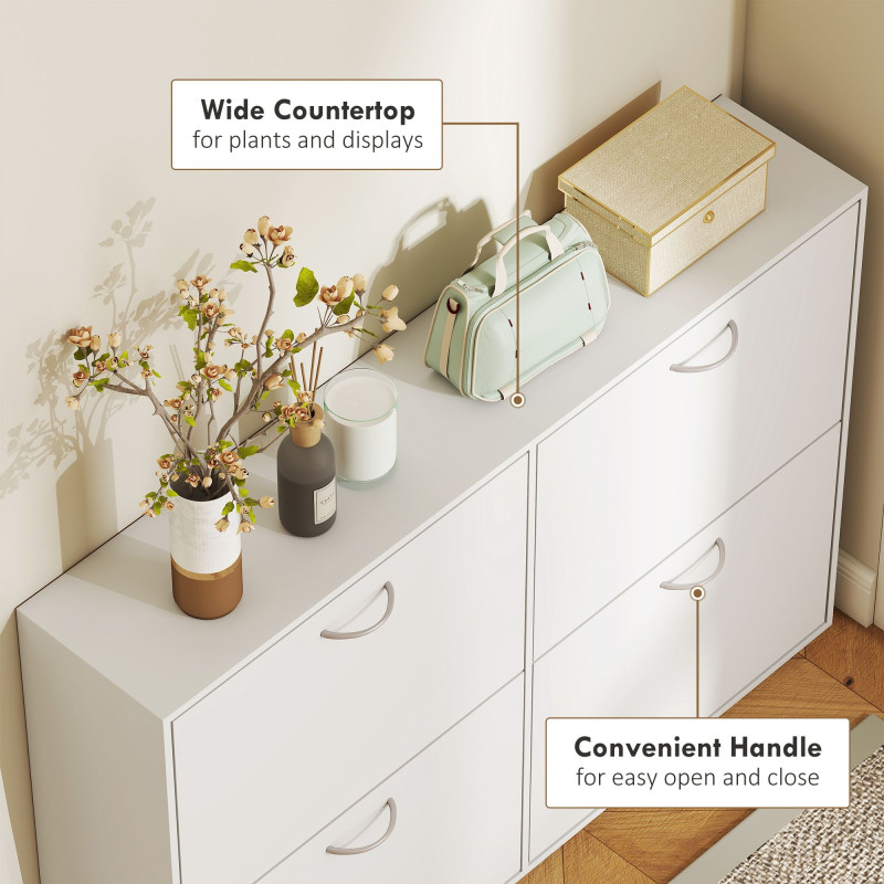 Flip Down Shoe Rack, Multi Cabinet, Wooden Shoe Shelf, Entryway, 4 Drawer Organizer, Freestanding Unit, White