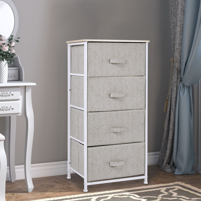 Linen Drawer Cabinet Organizer Storage Dresser Tower with 4 Removable Drawer Metal Frame Adjustable Feet for Living Room, Kitchen, Bathroom, White