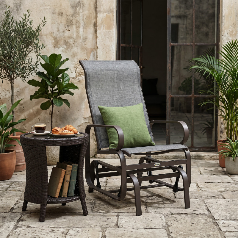 Patio Glider with Breathable Mesh Fabric, Outdoor Glider Chair, Garden Rocking Gliding Seat for Patio, Yard, Porch, Brown/Grey