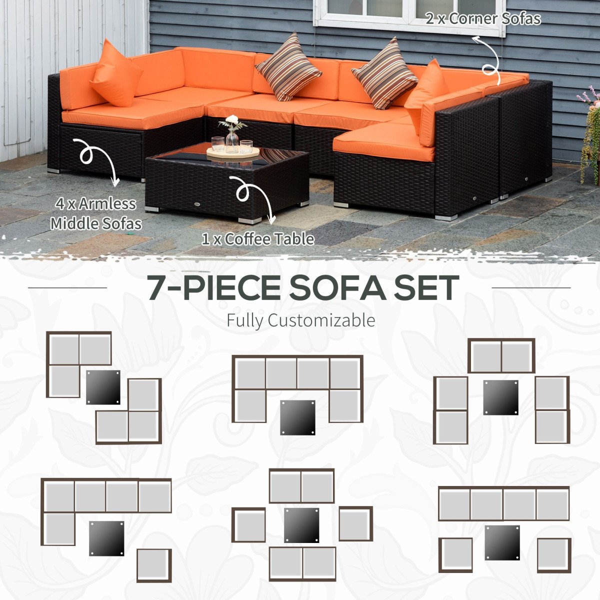 7pcs Garden Wicker Sectional Set w/ Tea Table Patio Rattan Lounge Sofa with Cushion for Outdoor Deck Orange