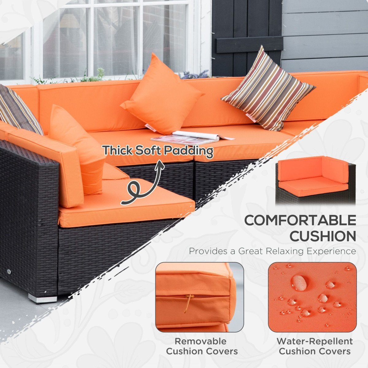 7pcs Garden Wicker Sectional Set w/ Tea Table Patio Rattan Lounge Sofa with Cushion for Outdoor Deck Orange
