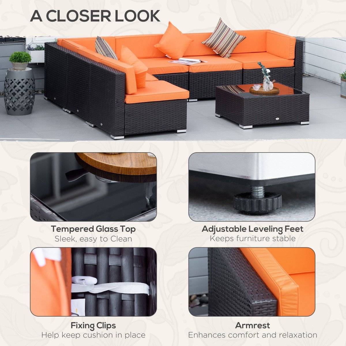 7pcs Garden Wicker Sectional Set w/ Tea Table Patio Rattan Lounge Sofa with Cushion for Outdoor Deck Orange