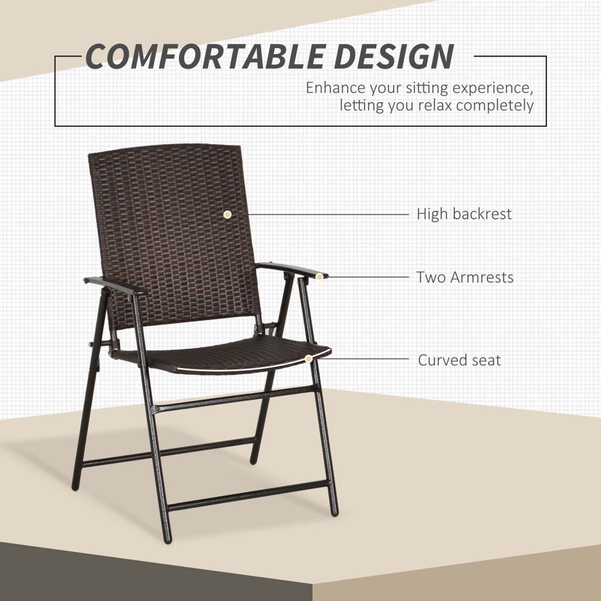 Outdoor Wicker Dining Chair Set of 4, Rattan Foldable Chair with Steel Frame for Garden, Backyard, Porch, Brown