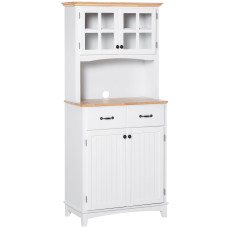 Coastal Style Kitchen Buffet and Hutch Wooden Storage Cabinet with Framed Glass Door  Drawers Microwave Space for Dining Room  Living Room  White