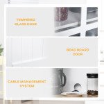 Coastal Style Kitchen Buffet and Hutch Wooden Storage Cabinet with Framed Glass Door  Drawers Microwave Space for Dining Room  Living Room  White