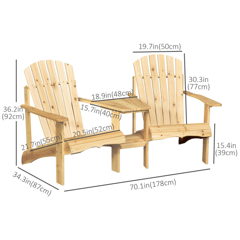 2 Piece Pair Wood Adirondack Chair Porch Tete-A-Tete Bench Two Seater w/ Middle Table Reclined Wooden Umbrella Hole, Natural