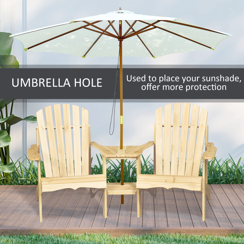 2 Piece Pair Wood Adirondack Chair Porch Tete-A-Tete Bench Two Seater w/ Middle Table Reclined Wooden Umbrella Hole, Natural