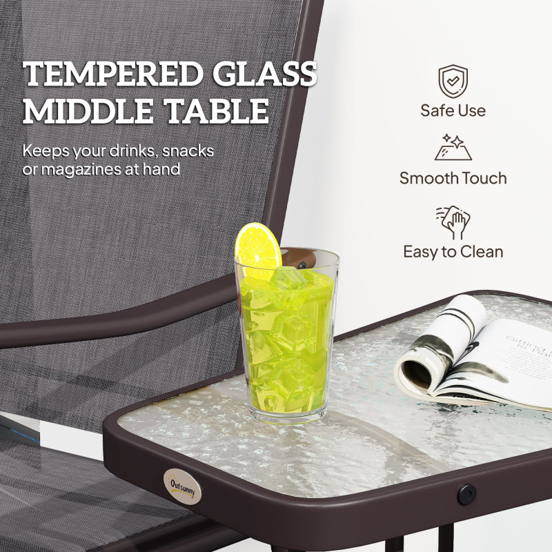 Double Patio Glider Chair with Glass Top Center Table, Outdoor Glider Loveseat with High Back,  All Weather Breathable Mesh Fabric for Garden, Backyard, Deck, Grey