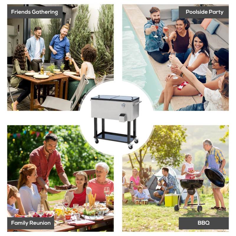 80 Quart Rolling Cooler Cart Ice Beer Beverage Cooling Bin for Outdoor Party, 35.4