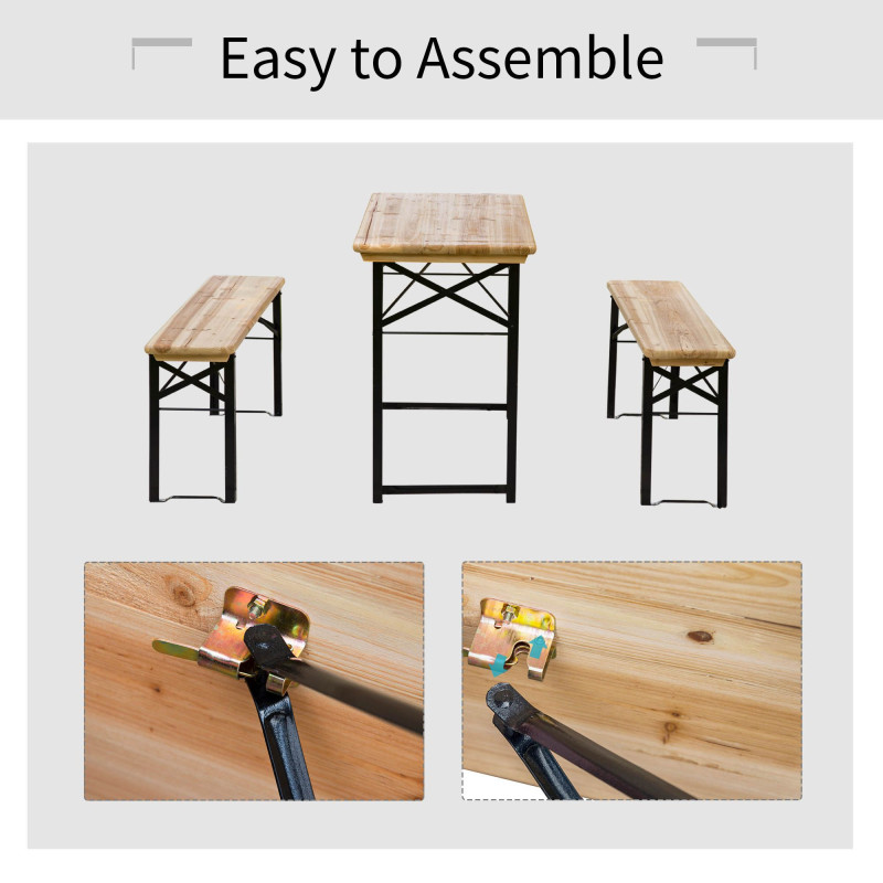 3 Pieces Folding Picnic Table Set, Portable Folding Picnic Table and Benches with Steel Frame for Garden, Park, Natural Wood