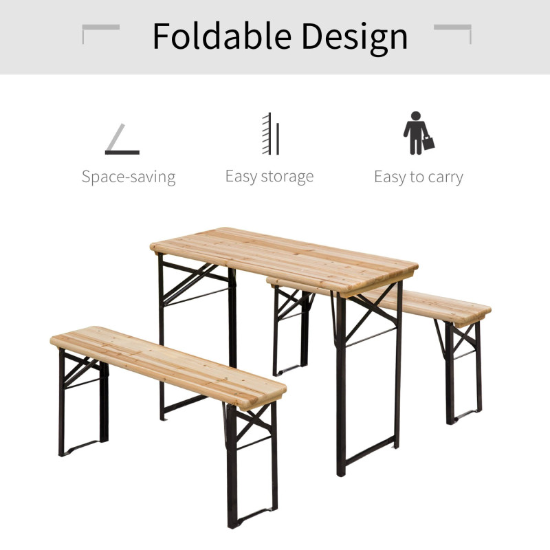 3 Pieces Folding Picnic Table Set, Portable Folding Picnic Table and Benches with Steel Frame for Garden, Park, Natural Wood