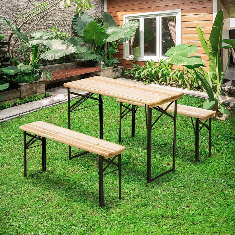 3 Pieces Folding Picnic Table Set, Portable Folding Picnic Table and Benches with Steel Frame for Garden, Park, Natural Wood