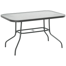 Metal Garden Dining Table with Umbrella Hole, Outdoor Patio Table with Tempered Glass Top, 47.25