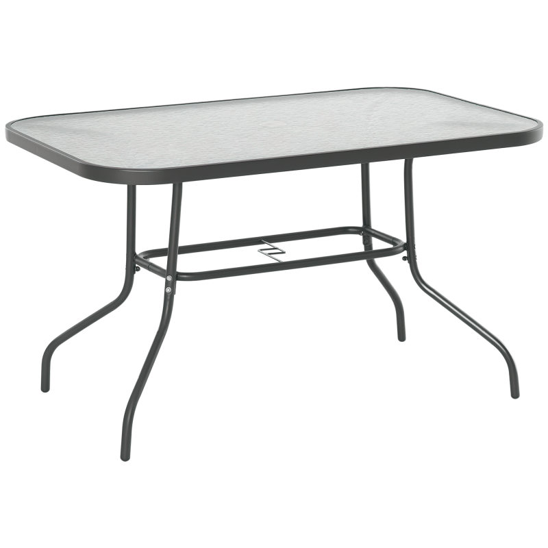 Metal Garden Dining Table with Umbrella Hole, Outdoor Patio Table with Tempered Glass Top, 47.25