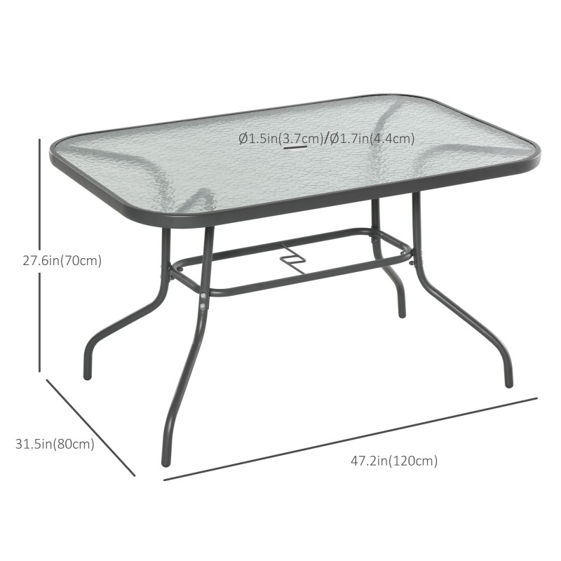 Metal Garden Dining Table with Umbrella Hole, Outdoor Patio Table with Tempered Glass Top, 47.25