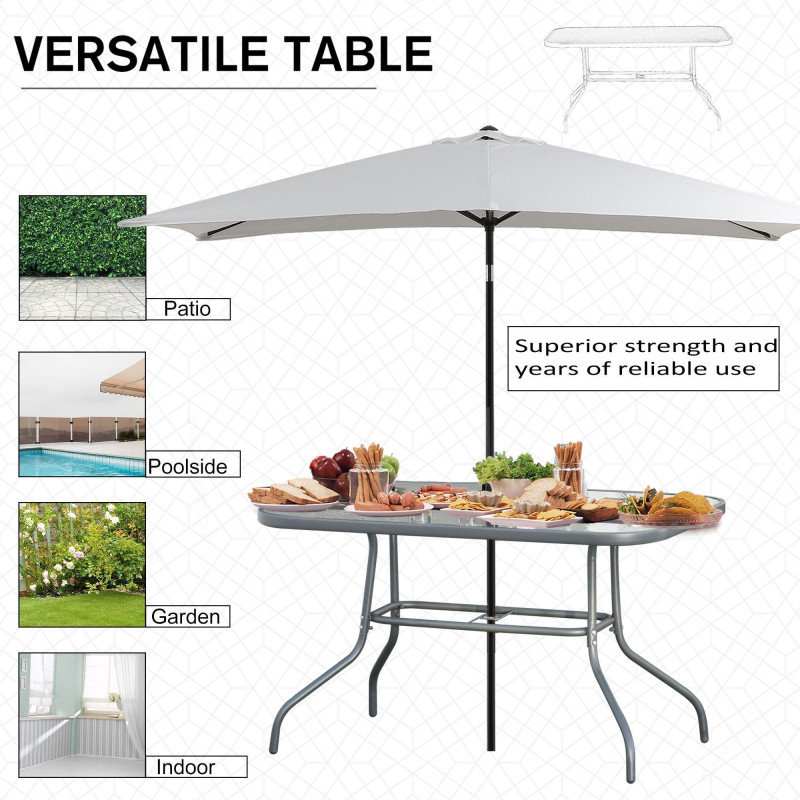 Metal Garden Dining Table with Umbrella Hole, Outdoor Patio Table with Tempered Glass Top, 47.25