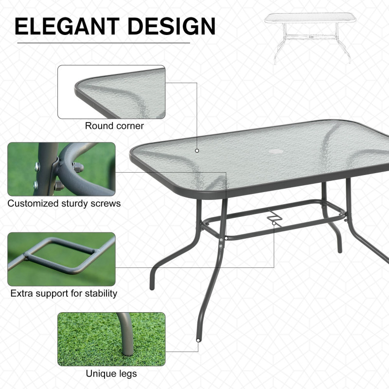 Metal Garden Dining Table with Umbrella Hole, Outdoor Patio Table with Tempered Glass Top, 47.25