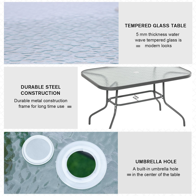 Metal Garden Dining Table with Umbrella Hole, Outdoor Patio Table with Tempered Glass Top, 47.25
