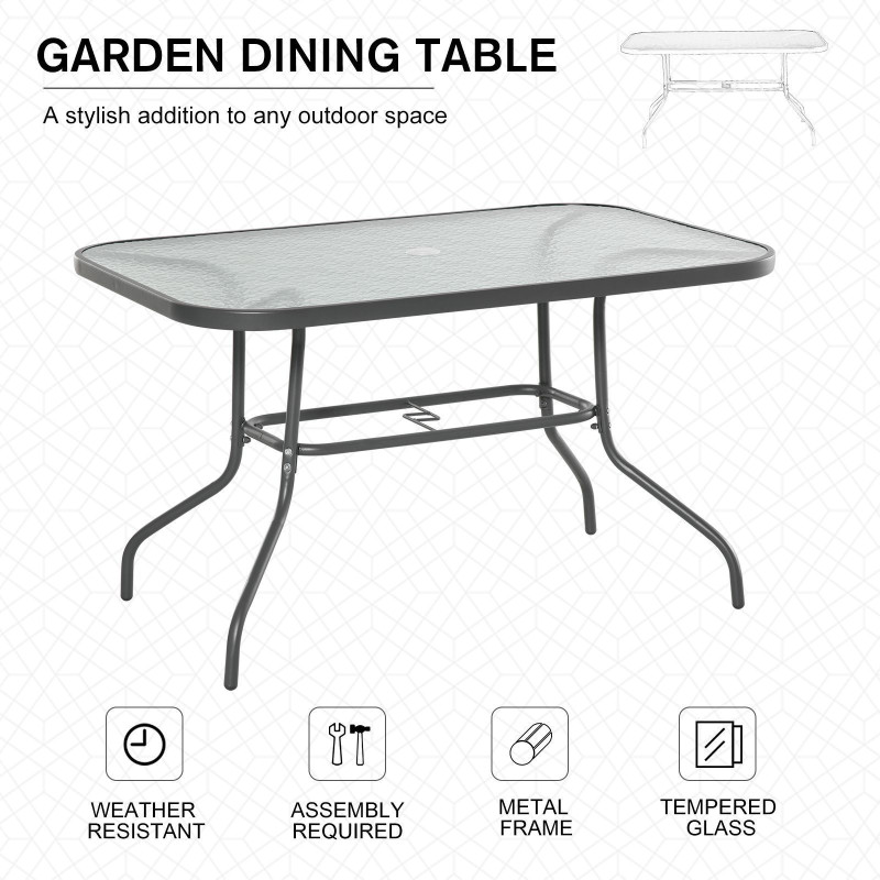 Metal Garden Dining Table with Umbrella Hole, Outdoor Patio Table with Tempered Glass Top, 47.25