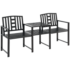 Steel Garden Bench w/ Middle Table, Umbrella Hole, Double Seat for Outdoor, Patio, Backyard  Weather-Resistant Frame, Black