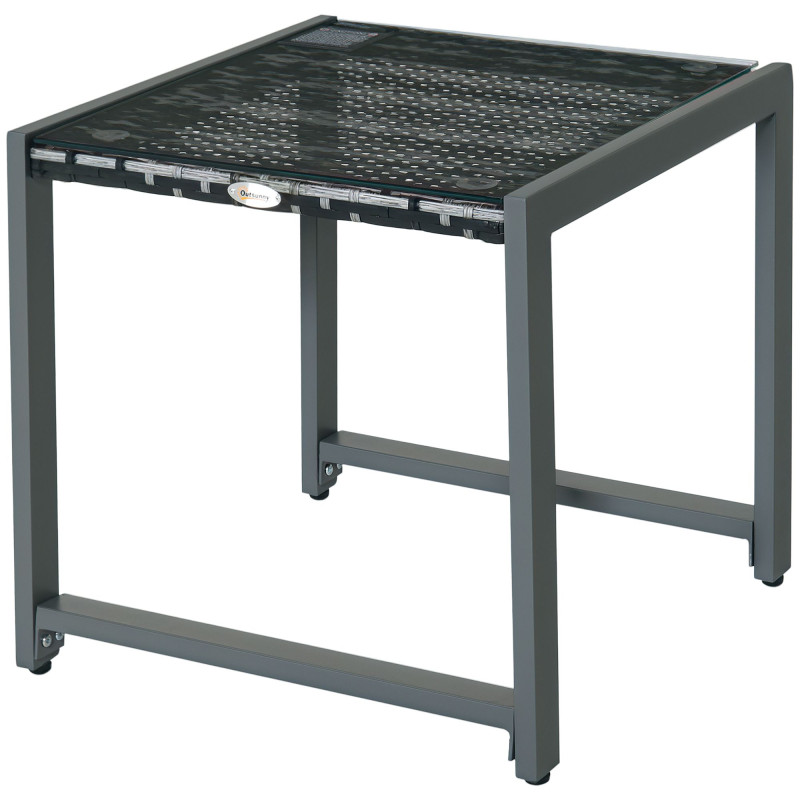 Rattan Coffee Table, Wicker Patio Side Table with Tempered Glass Top and Aluminum Frame for Outdoor, Garden, Gray